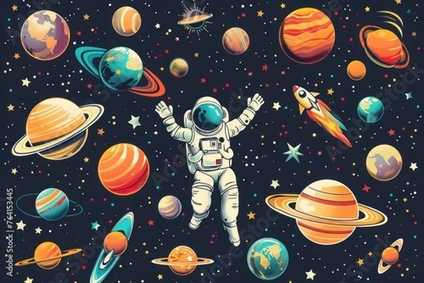 Fototapeta Background design with many planets in space illustration. Space icon set and astronaut