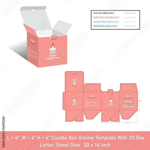 Fototapeta Candle Packaging box Size 4x4x4 inch dieline template, vector design