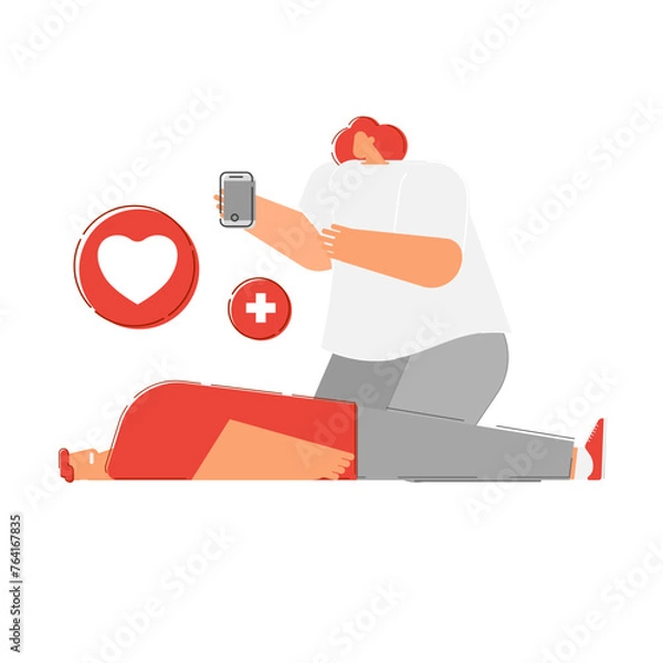 Fototapeta Cartoon character for basic life support and call an emergency help.