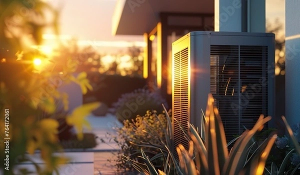Obraz Wärmepumpe im Garten eines Einfamilienhauses, atmosphärische Abendsonne