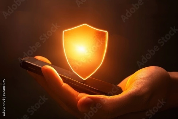 Fototapeta A shield symbol glowing on a smartphone in hand dark technology background
