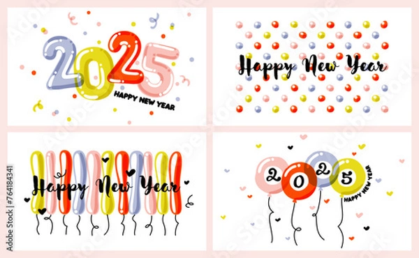 Fototapeta New Year greeting card with multicolored balloons and hand drawn numbers 2025 on white background. Bright and festive vector illustration for holiday calendar or seasonal brochure cover