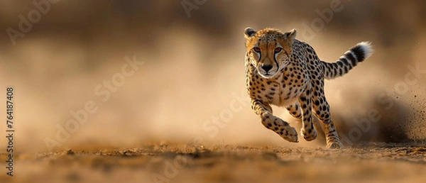 Fototapeta Cheetah sprinting to hunt prey in the savannah, panoramic wildlife wallpaper with copy space