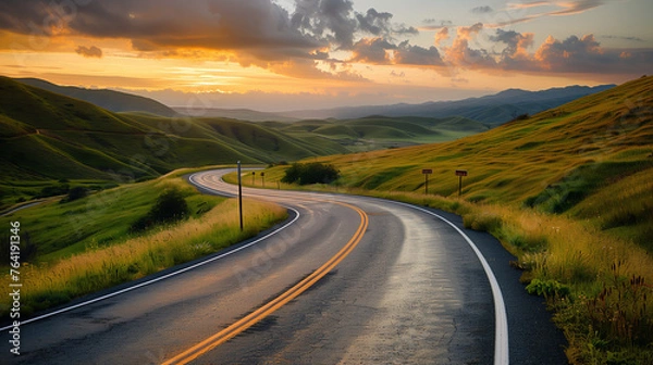 Fototapeta Symbolize the journey towards achieving one's dreams with an image of a winding road stretching into the distance, lined with signposts labeled with goals and aspirations.