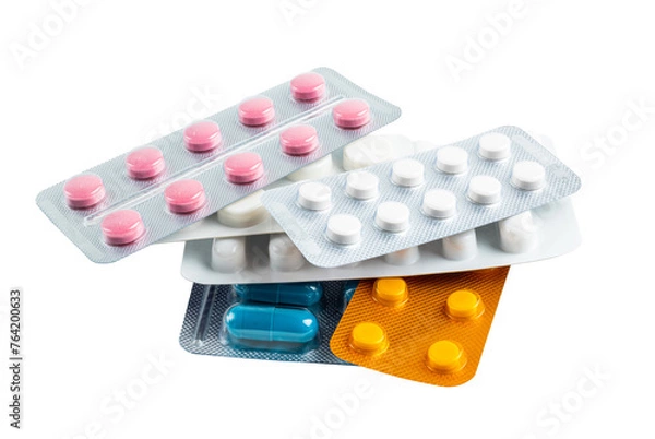 Obraz Various medicine capsules, pills and tablets in a blister pack isolated on transparent background, healthcare and medicine concept