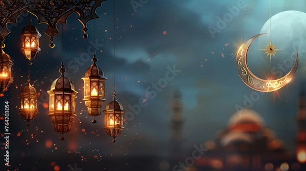 Fototapeta An illustration banner background celebrating Ramadan Kareem adorned with Islamic crescent and lantern symbols, illuminated by the moon and soft light, evoking the sacred atmosphere of the holy month.