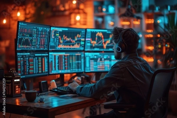 Fototapeta A focused individual surrounded by multiple screens displaying intricate stock market graphs and data charts in a dark room