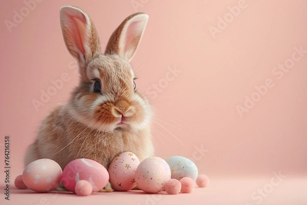 Obraz bunny with easter eggs in a basket on pink background
