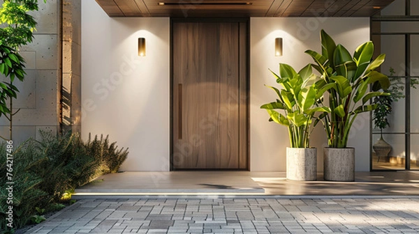 Fototapeta A modern farmhouse entrance adorned with potted plants. Wooden door with glass and forging for luxury. --ar 16:9 --v 6.0 - Image #3 @Zubi