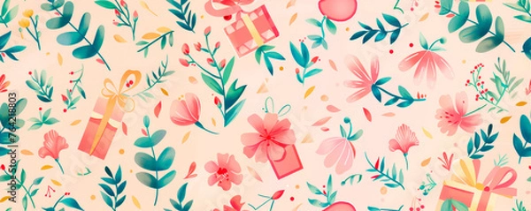 Fototapeta A repetitive pattern of various flowers and gift boxes displayed on a vibrant pink background. Holiday Background. Gift wrapping. Seamless pattern
