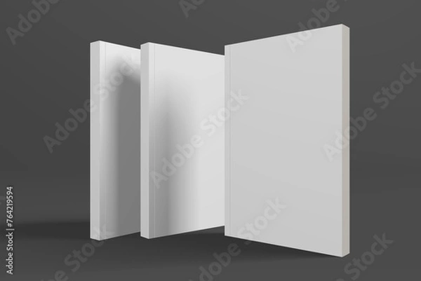 Obraz Realistic 3D book mockup illustration with 3 soft covers. Book model standing on isolated gray background with shadows. Book with 3 soft covers. Ready for you to present your design.