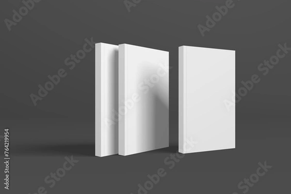 Fototapeta Realistic 3D book mockup illustration with 3 soft covers. Book model standing on isolated gray background with shadows. Book with 3 soft covers. Ready for you to present your design.