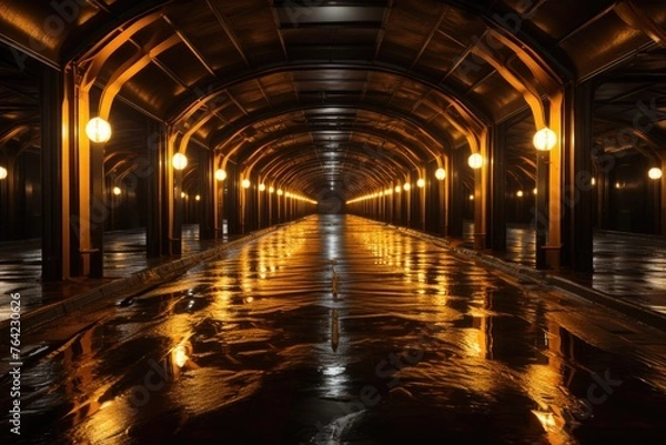 Fototapeta Dark tunnel with yellow lights hallway Generative AI