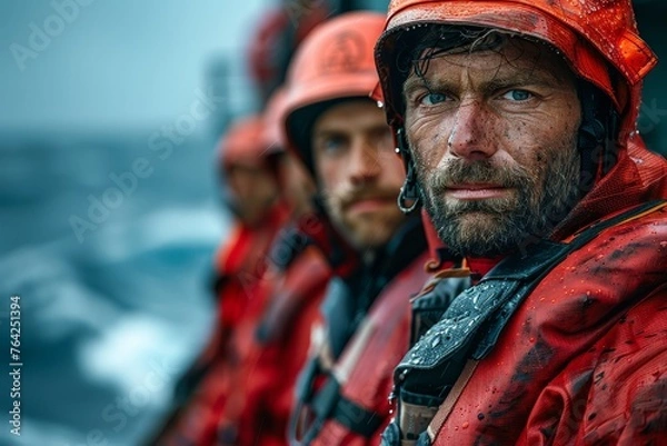 Fototapeta A rugged sailor's face bears the mark of weathering as he stands against challenging sea conditions