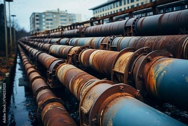 Fototapeta A close-up view of rusty metal pipes running alongside a small urban canal. The pipes are weathered and covered in rust, suggesting age and disuse.