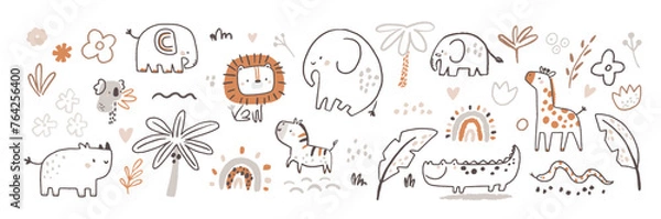 Fototapeta Cute baby safari jungle animals, design elements and plants isolated white background. Hand drawn childish safari elephant, zebra, lion, koala, giraffe, palm and flower. Vector collection pastel color