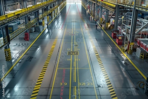 Fototapeta Elevated View of a Spacious Industrial Facility Floor Marked with Safety Lines and Signage, Guiding Workers and Visitors Alike.