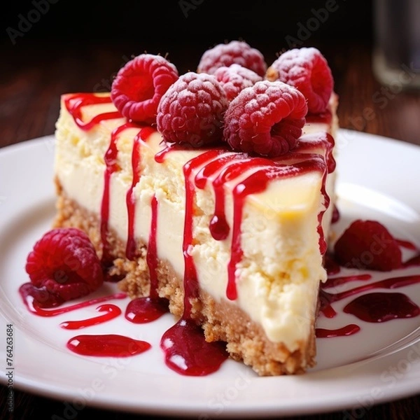 Fototapeta Close up of a delicious slice of raspberry cheesecake on a plate