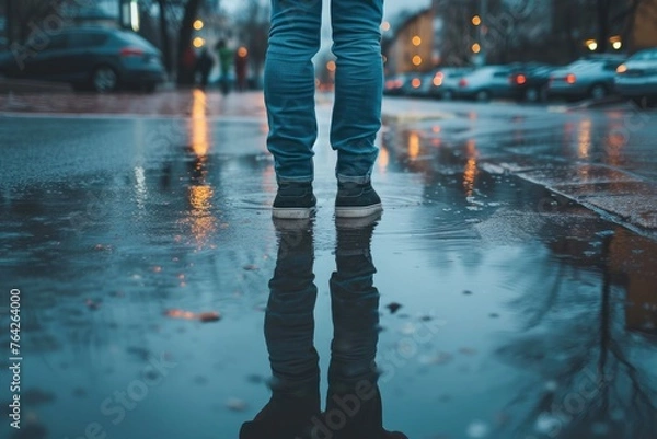 Fototapeta A child standing in a puddle and looking down the street