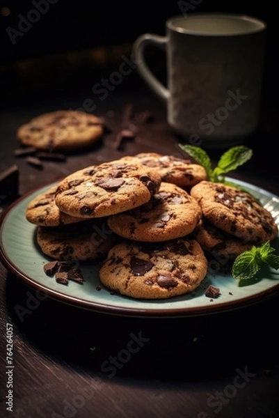 Fototapeta Irresistible peppermint chocolate chip cookies beautifully presented on a plate