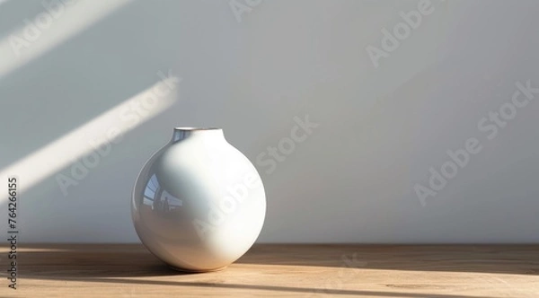 Fototapeta White ceramic vase on a wooden table in front of a white wall with natural sunlight