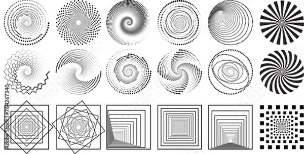 Fototapeta Dot circle and square pattern. Black round dots. Spiral frame. Set of swirl abstract ripple elements. Round and square graphic textures. Vector.