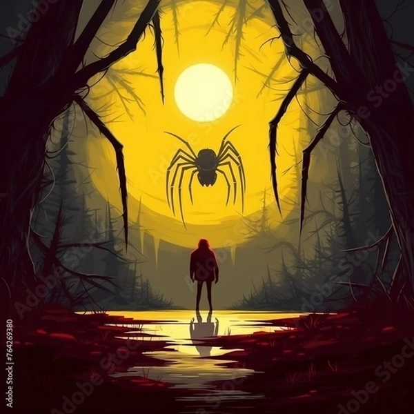 Obraz Brave hero lights way with lantern, stands in front of huge spider with sting, glowing yellow mouth with sharp teeth.