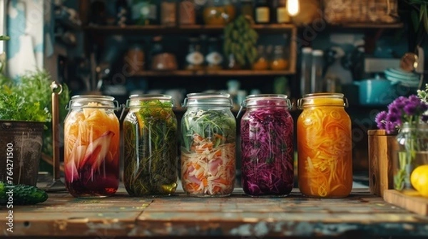 Fototapeta A kitchen scene showcasing the process of fermentation with jars of kombucha, sauerkraut, and other fermented foods as part of an eco-conscious lifestyle