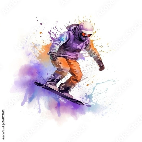 Obraz Illustration painting of a snowboarding on a white background.