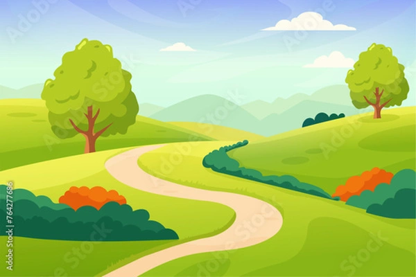 Fototapeta Picturesque hills with sandy road and natural valley. Vector scenic background, green trees and bushes. Spring or summer nature, blue sky. Misty Mountains