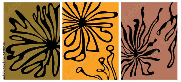 Fototapeta A collection of modern wall art posters with abstract floral motifs. Minimalistic organic shapes inspired by Matisse. Vector illustration for interior, paintings, postcards, tee print in hippie style.