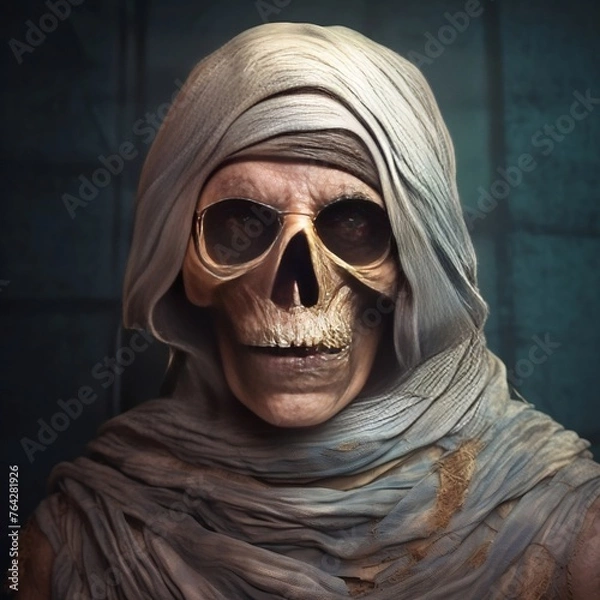 Obraz Ancient spooky mummy portrait with horror skull and spooky costume, 3D illustration.