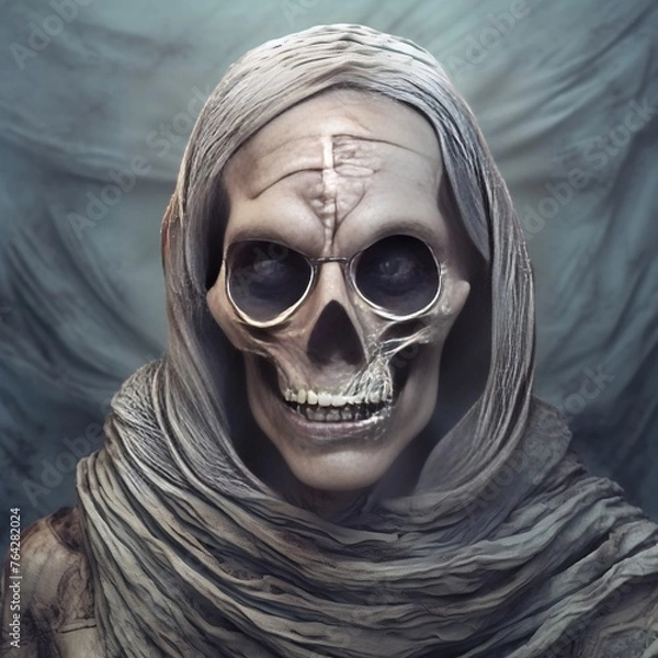 Obraz Ancient spooky mummy portrait with horror skull and spooky costume, 3D illustration.