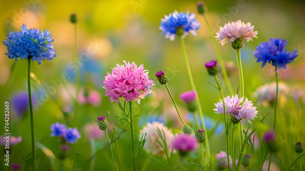 Fototapeta Field of blooming flowers, vibrant summer colors, nature close-up, wild beauty