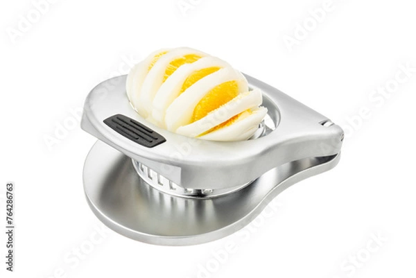 Fototapeta half open metal design egg slicer with sliced egg isolated on white background