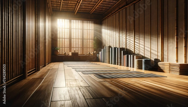 Obraz a row of yoga mats sitting on top of a wooden floor