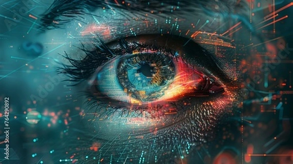 Obraz Illustrate the duality of advancement and vulnerability with a unique graphic depicting the societal and personal implications of mind uploading, from an eye-level angle for maximum engagement