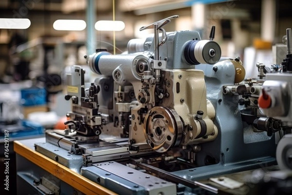 Fototapeta Intricate machinery surrounds a sturdy stitcher head in an active industrial environment