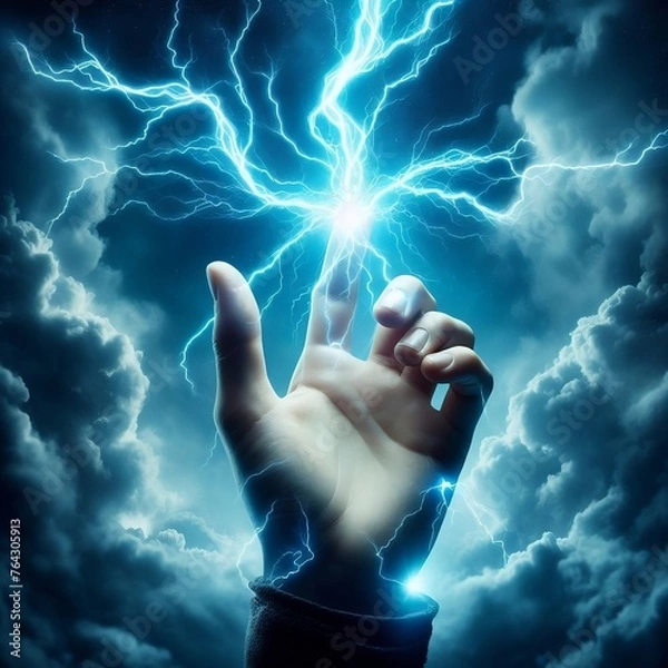 Obraz Hand holding up a lightning bolt. Energy and power. Stormy background. Blue glow. 