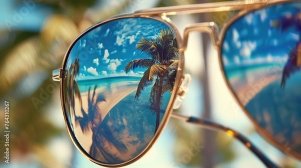 Fototapeta A single pair of sunglasses with palm trees reflected in the lenses AI generated illustration