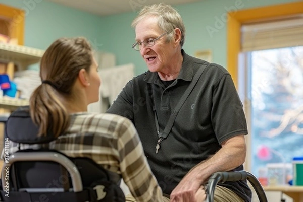 Fototapeta A woman engages in conversation with a man who is seated in a wheelchair, Physical therapist providing support and encouragement to a struggling patient, AI Generated