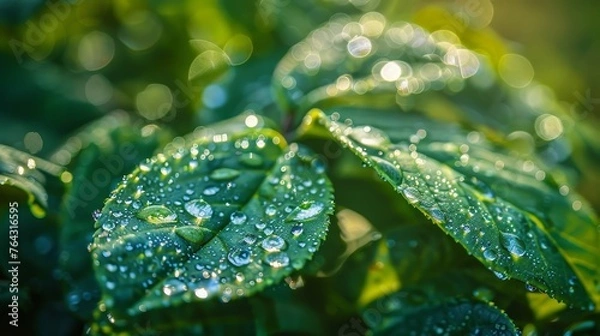 Fototapeta Close-up of delicate water droplets on a leaf AI generated illustration
