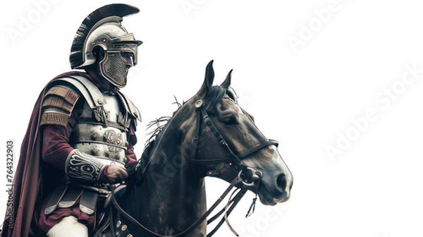 Fototapeta Roman soldier on a horse isolated on white created with Generative AI