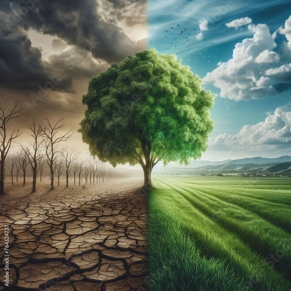 Obraz Contrast of green to dry and barren. a tree growing in the center of a dry vs green field. Climate change concept. 