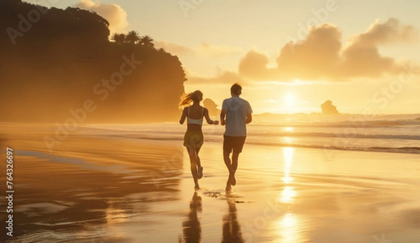 Obraz Walking on the beach at sunset in summer.