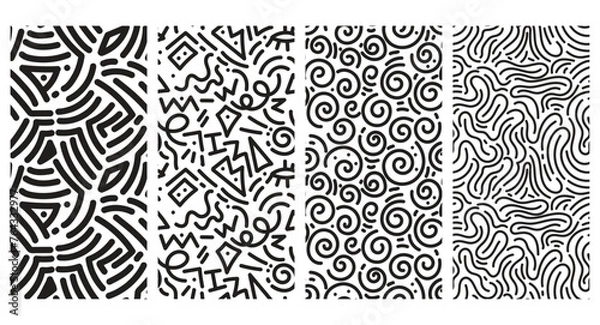 Fototapeta Abstract black and white line doodle seamless pattern. Creative organic style drawing background, trendy design with basic shapes. Simple hand drawn wallpaper print