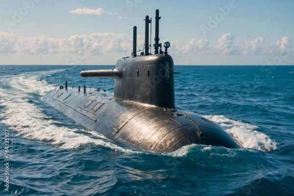 Obraz A large submarine is in the water. A military modern black submarine sails on a combat mission in the open ocean on a sunny summer day