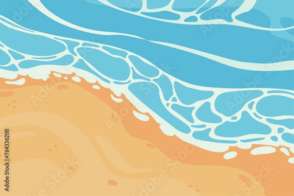 Fototapeta Hand drawn vector illustration of sea and beach in cartoon style. Sandy seashore illustration with waves and foam. Summer background for banner, web page and poster