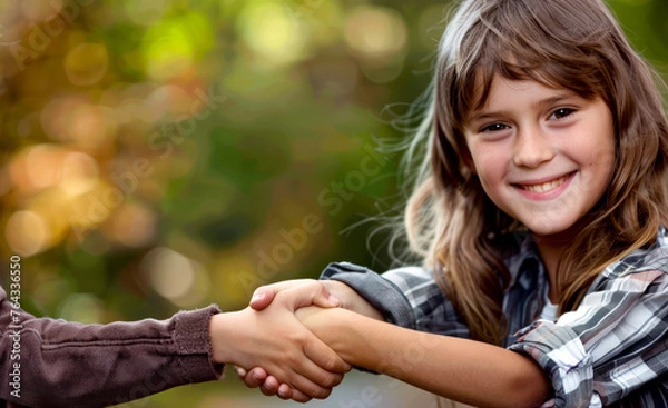 Fototapeta Close up of child shaking another child's hand with trees in the background.