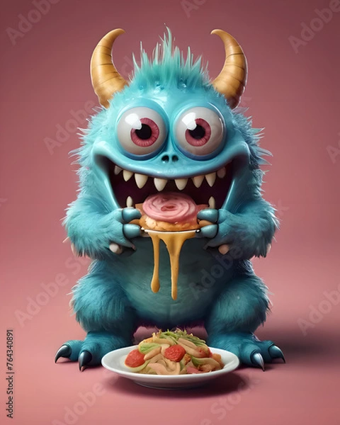 Fototapeta Happy small blue monster eating, for 3d design, for characters design, for ilustrations design.